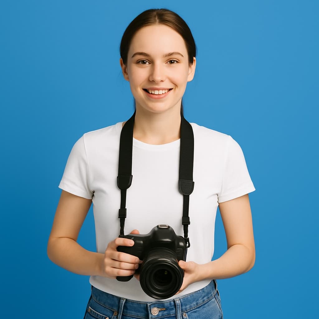 A female Photographer with white T-shirt
